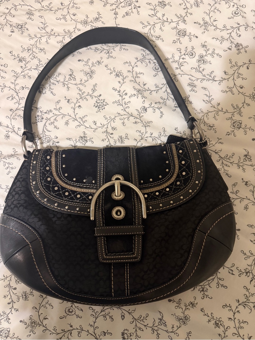 Coach Black Stud-Embellished Shoulder Bag with Buckle Detail